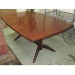 DINING TABLE, circa 1970, shaped rectangular top with one extra leaf, on united pedestal suppports,