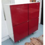 SIDE CABINET, Italian red and white lacquer with four doors enclosing glass shelves,