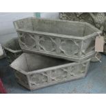 TROUGHS, a set of three, in reconstituted stone Gothic style, 90cm L.