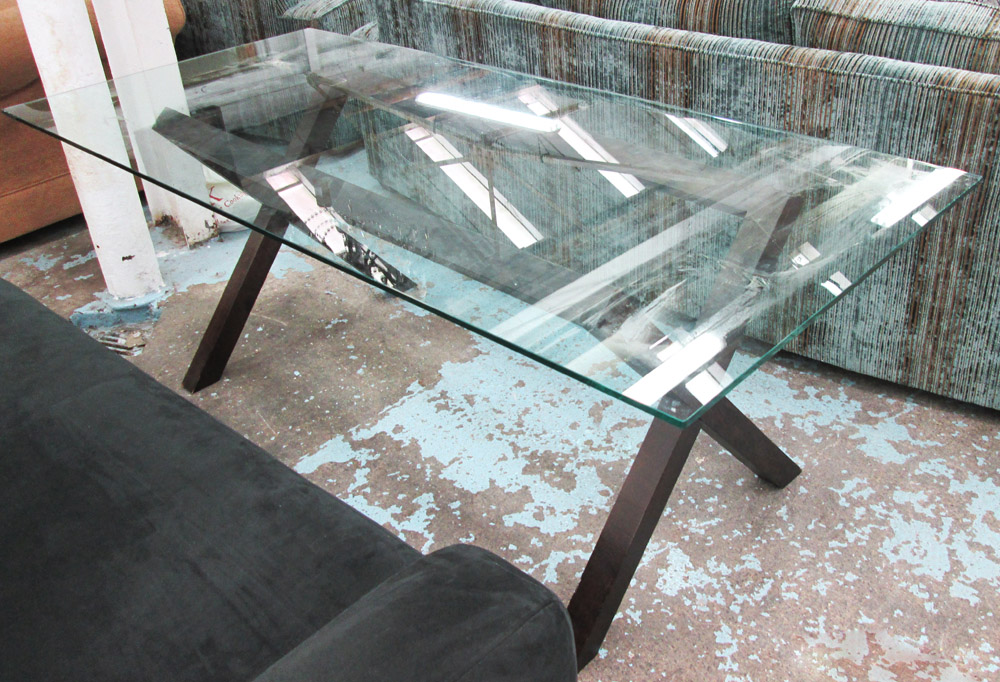 DINING TABLE, rectangular with glass top on 'X' framed supports, 200cm x 90cm x 72cm H.