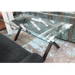 DINING TABLE, rectangular with glass top on 'X' framed supports, 200cm x 90cm x 72cm H.