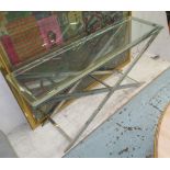 CONSOLE TABLE, Contemporary, polished metal 'x' frame support with tempered glass top,