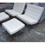 BARCELONA STYLE CHAIR, in white leather with matching footstool, 78cm W.