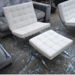 BARCELONA STYLE CHAIR, in white leather with matching footstool, 78cm W.