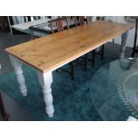 KITCHEN TABLE, reclaimed pine plank top on turned painted supports,