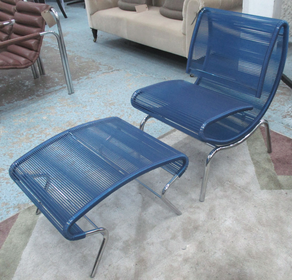 SPAGHETTI STYLE CHAIR, in blue on tubular frame with matching footstool.