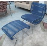 SPAGHETTI STYLE CHAIR, in blue on tubular frame with matching footstool.