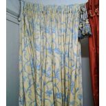 CURTAINS, a pair, cream and blue motifs, lined and interlined,