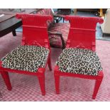 HALL CHAIRS, a pair, lacquer with red leopard pattern cushion, 54cm D x 54cm W x 94cm H.