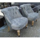 BEDROOM CHAIRS, a pair, in grey buttoned fabric on turned castor supports, 51cm W.