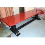 REFECTORY TABLE, red top, black base, 90cm D x 300cm L x 78cm H.