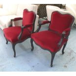 FAUTEUILS, a pair, red velvet upholstered, 62cm W x 86cm H x 53cm D.