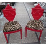 HALL CHAIRS, a pair, red lacquer with leopard patterned cushions and swag detail,