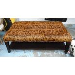 OTTOMAN/FOOTSTOOL, leopard patterned and pony hide undertier, 140cm L x 77cm D x 53cm H.