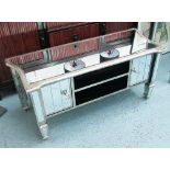 MIRRORED MEDIA CABINET, with centre shelf and cupboards to the side, 119cm x 46cm x 51cm H.