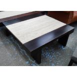 LOW TABLE, square form macassar wood with inset travertine, 110cm square x 40cm H.