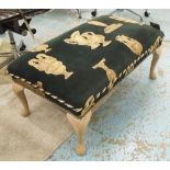 FOOTSTOOL, in black fabric with gold motifs on cabriole supports, 85cm x 47cm x 37cm H.