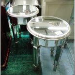 MIRRORED END TABLES, a pair, circular on square supports, 47cm diam. x 63cm H.