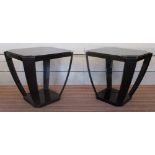 OCCASIONAL TABLES, a pair, Art Deco style black lacquer with square tops, 55cm x 55cm x 53cm.