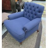 ARMCHAIR, in blue buttoned felt from I and J.L Brown Kings Road, 89cm W x 88cm H x 80cm D.