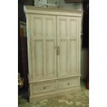 WARDROBE, Vintage grey painted with two panelled doors enclosing hanging space above two drawers,