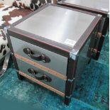 END CHESTS, a pair, luggage style with two drawers below in steel finish, 55cm x 55cm x 55cm H.