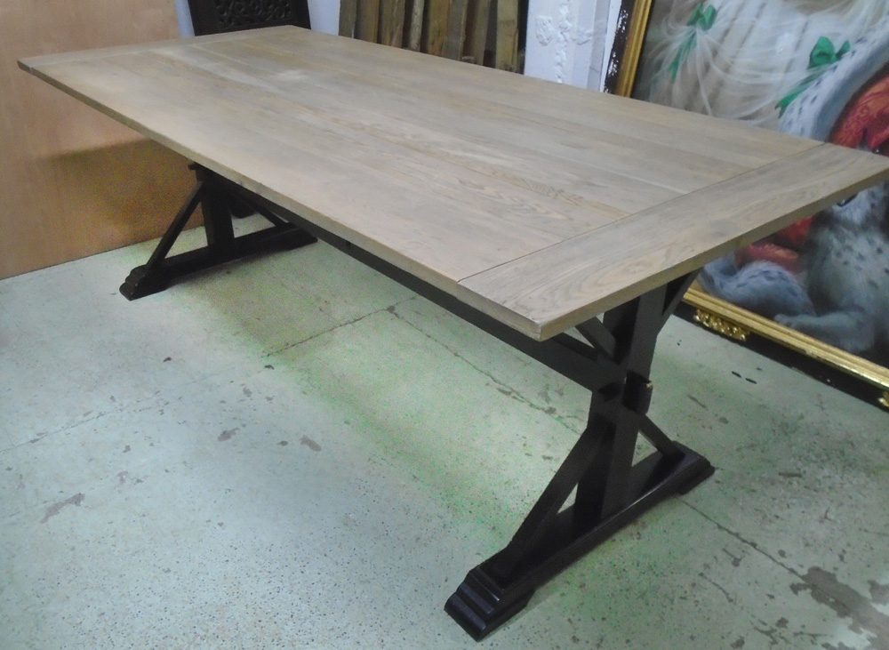 REFECTORY TABLE, oak with grey washed rectangular top on ebonised supports,