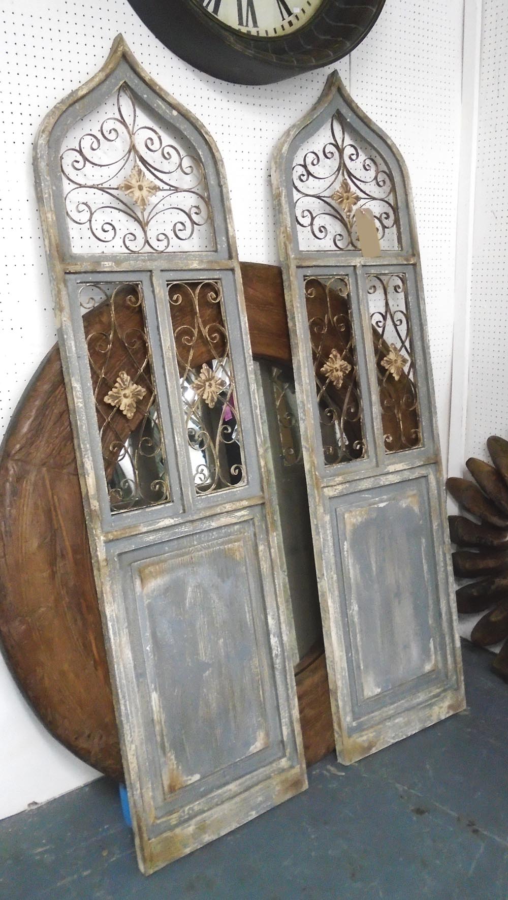 PANELS, a pair, Gothic style in a distressed painted finish with wirework panels, 180cm x 46cm.
