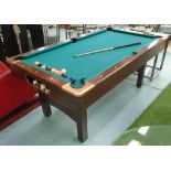 POOL TABLE, with cue and balls on square supports, 182cm x 102cm x 79cm H.