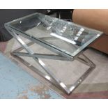 LOW TABLE, chrome framed with a rectangular glass top on 'X' framed supports,