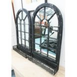 GARDEN MIRRORS, a pair, distressed metal with an arched top and a trellis planter section below,