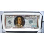 DECOUPAGE OF A $100 DOLLAR BILL, framed and glazed, 50cm x 100cm.