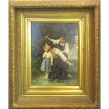 20TH CENTURY SCHOOL, 'Mother with children', oil on board, 40cm x 30cm, gilt frame.