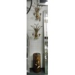 WALL SCONCES, a pair, twin branch wheatsheaf design in metal, 47cm H plus matching umbrella stand,