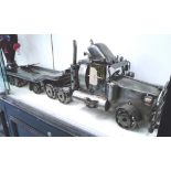 MODEL FLATBED LORRY, articulated lorry made of upcycled steel machine parts, 110cm x 20cm x 30cm.