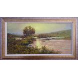 VALERI VORONOV (Russian), 'Sunset by the river', oil on canvas, 30cm x 60cm, framed.