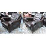 ARMCHAIRS, a pair, brown leather, curved arms, 94cm W x 94cm D x 94cm H.