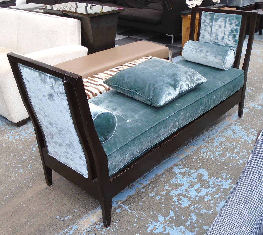 DAYBED, Contemporary style with blue velvet upholstery, 180cm W x 61cm D x 94cm H.
