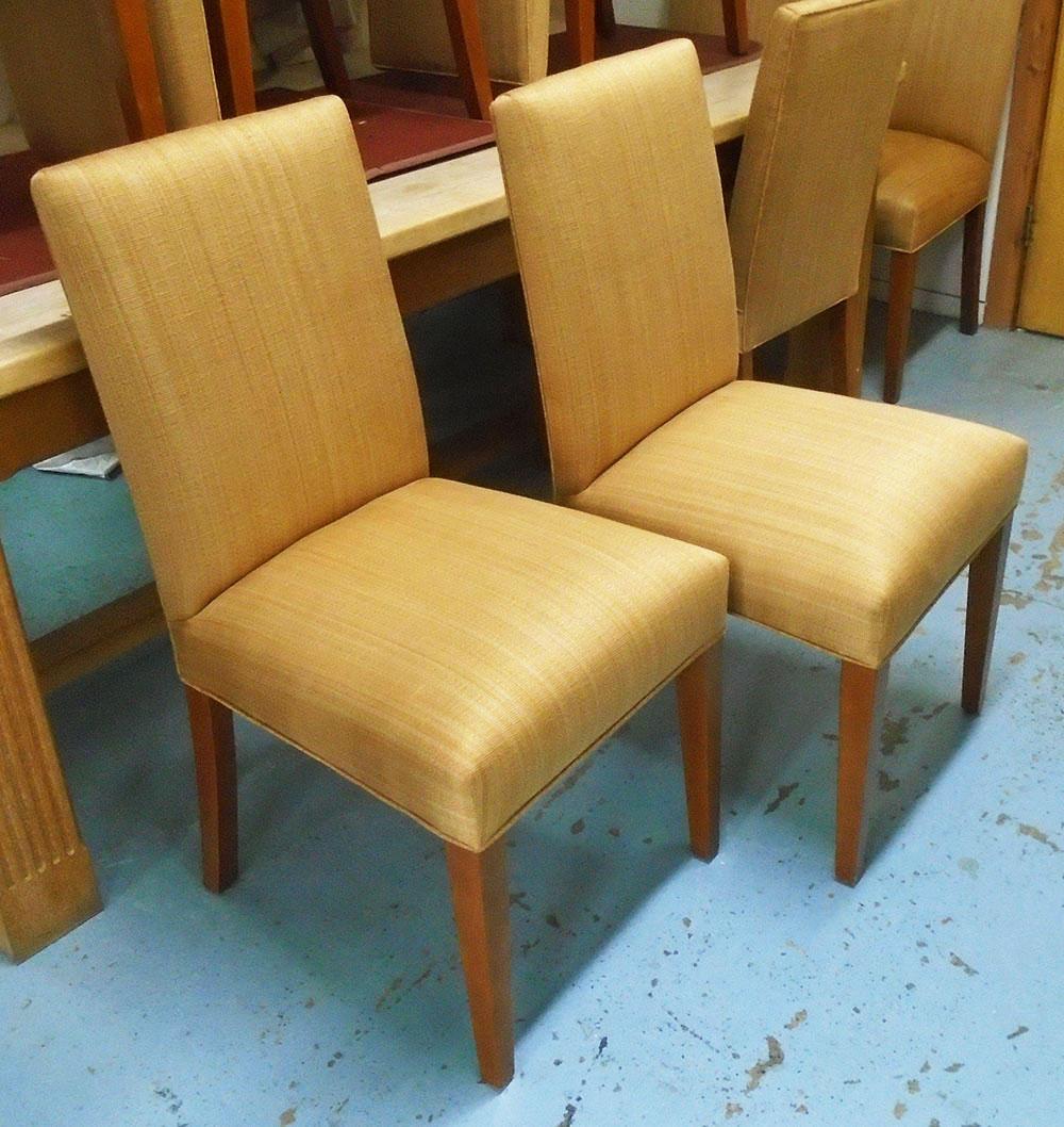 DINING CHAIRS, a set of ten, upholstered with oak supports, each 48cm W x 96cm H x 52cm D.