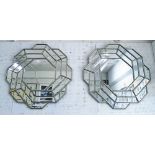 MIRRORS, a pair, hexagonal bevelled with mirrored surround, 99cm diam.