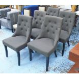 DINING CHAIRS, a set of five, in button back brown fabric on square ebonised supports, 53cm W.