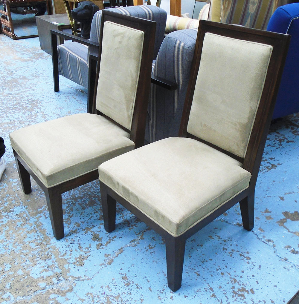 BEDROOM CHAIRS, a pair, in suede on square supports, 47cm W.