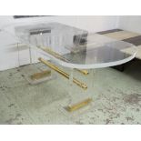 DESK/DINING TABLE, 20th century Lucite and lacquered brass with oval top and trestle supports,