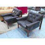 ARMCHAIRS, a pair, Danish mahogany with slung seats and buttoned dark brown leather cushions,