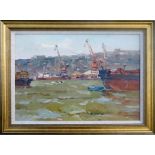 YAKOV GUSLISTY (Russian, 1914-1972), 'Port in Rostov on the Don', oil on board, 32cm x 47cm, framed.