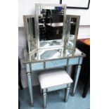 MIRRORED DRESSING TABLE, 77cm x 40cm x 79cm H plus a matching stool and a tryptych mirror.