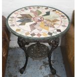 BRITTANIA CAST IRON TABLE, with specimen marble top, 66cm W x 75cm H.