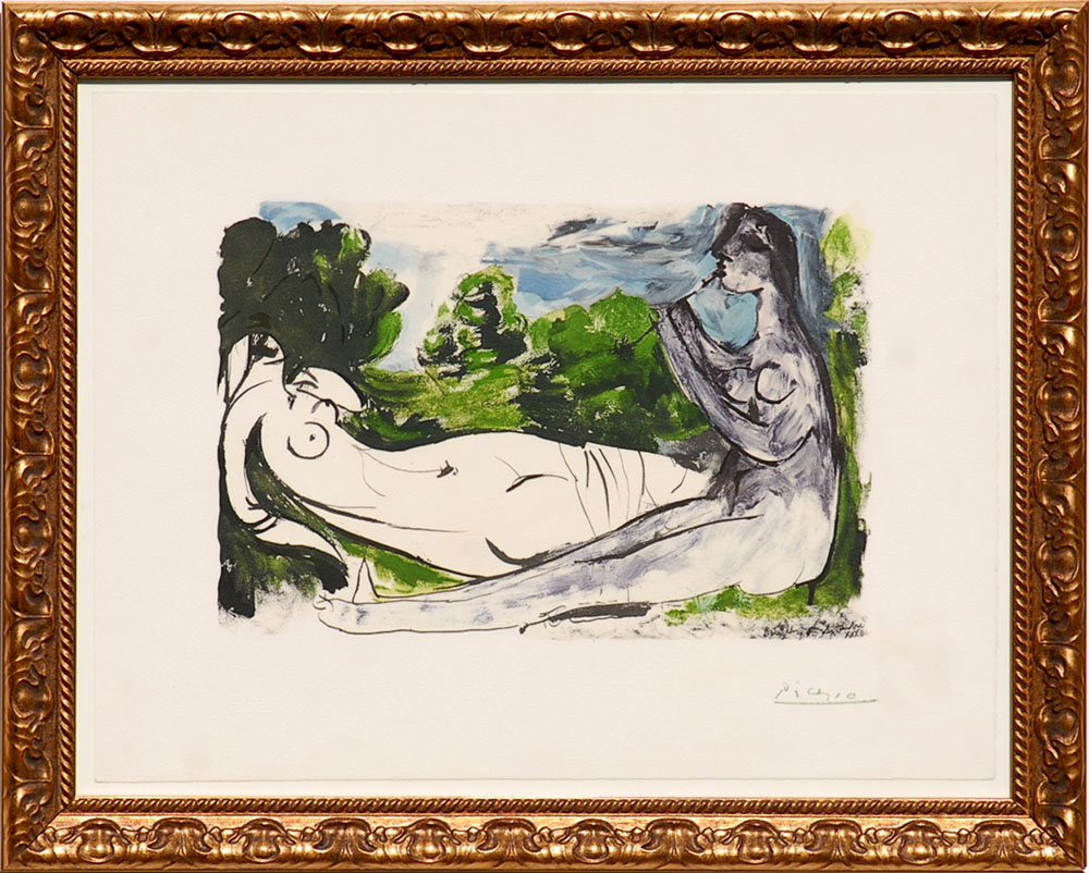 PABLO PICASSO, 'Femme Nue couchee et jouer de flute', pochoir printed by Jacomet 1975,