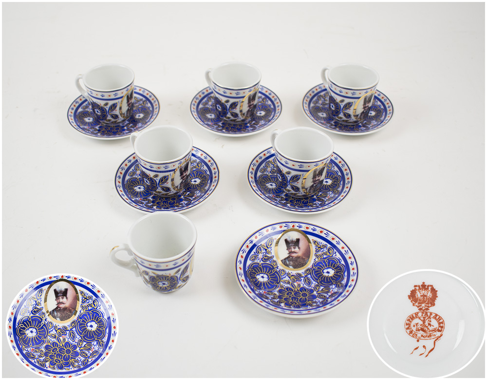 PERSIAN NASER AL-DIN SHAH QAJAR COFFEE SERVICE, six cups and saucers,