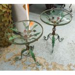 GARDEN TABLES, a pair, circular, vintage French painted wrought iron with flower detail,